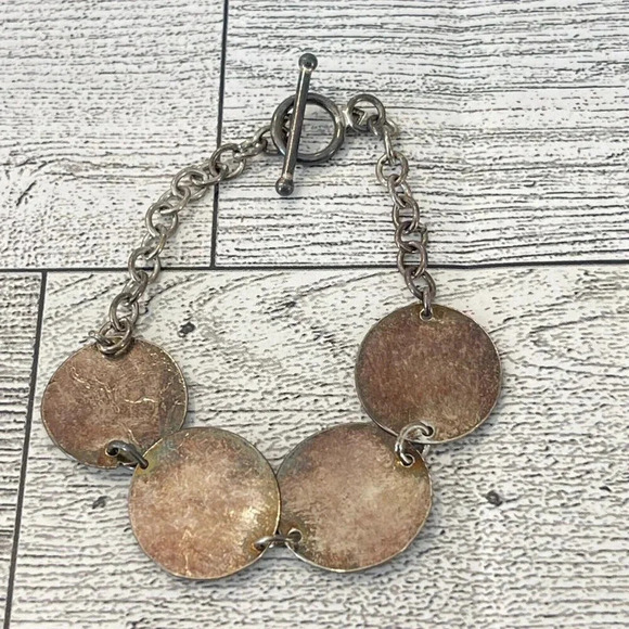 Silver tone and copper Circle Disk toggle bracelet 7 inch - Picture 2 of 6